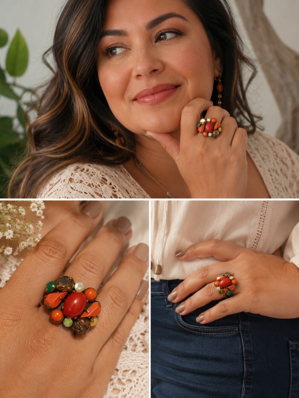 Vintage Cluster Cocktail Ring Size 7 Multicolor Cabochon Rhinestone Antiqued